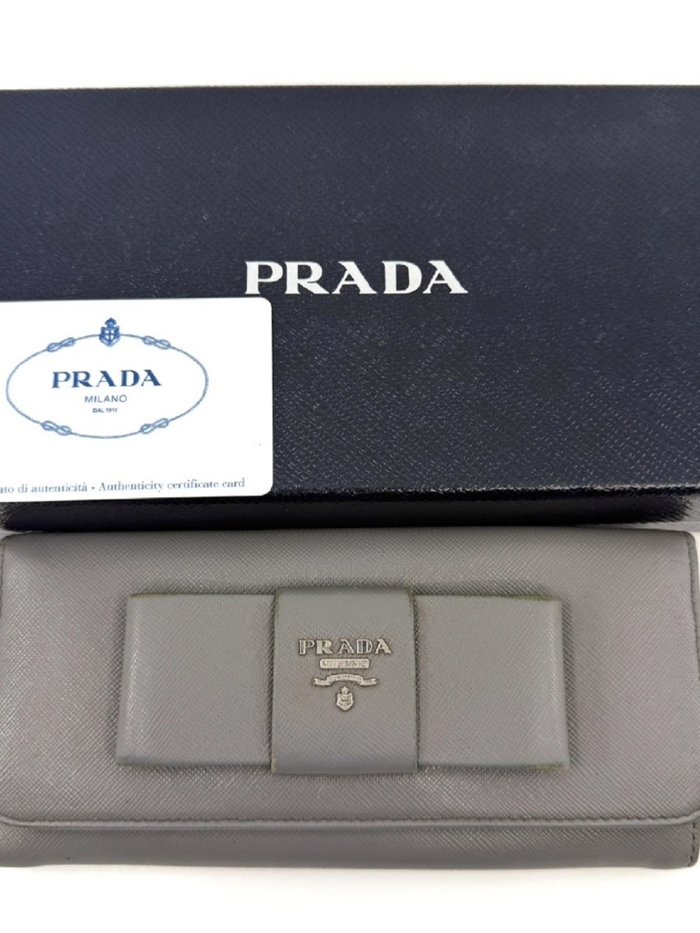 Authentic Prada Grey Saffiano Leather Bow Continental Long Wallet with Box